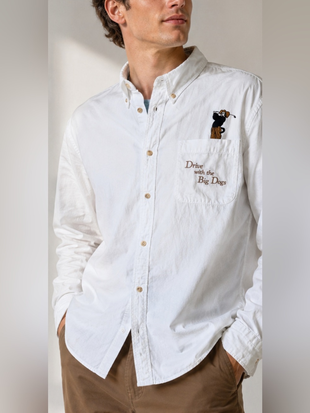 Big Dogs Mens L White Golf Shirt 100% Cotton Drive With Big Dogs